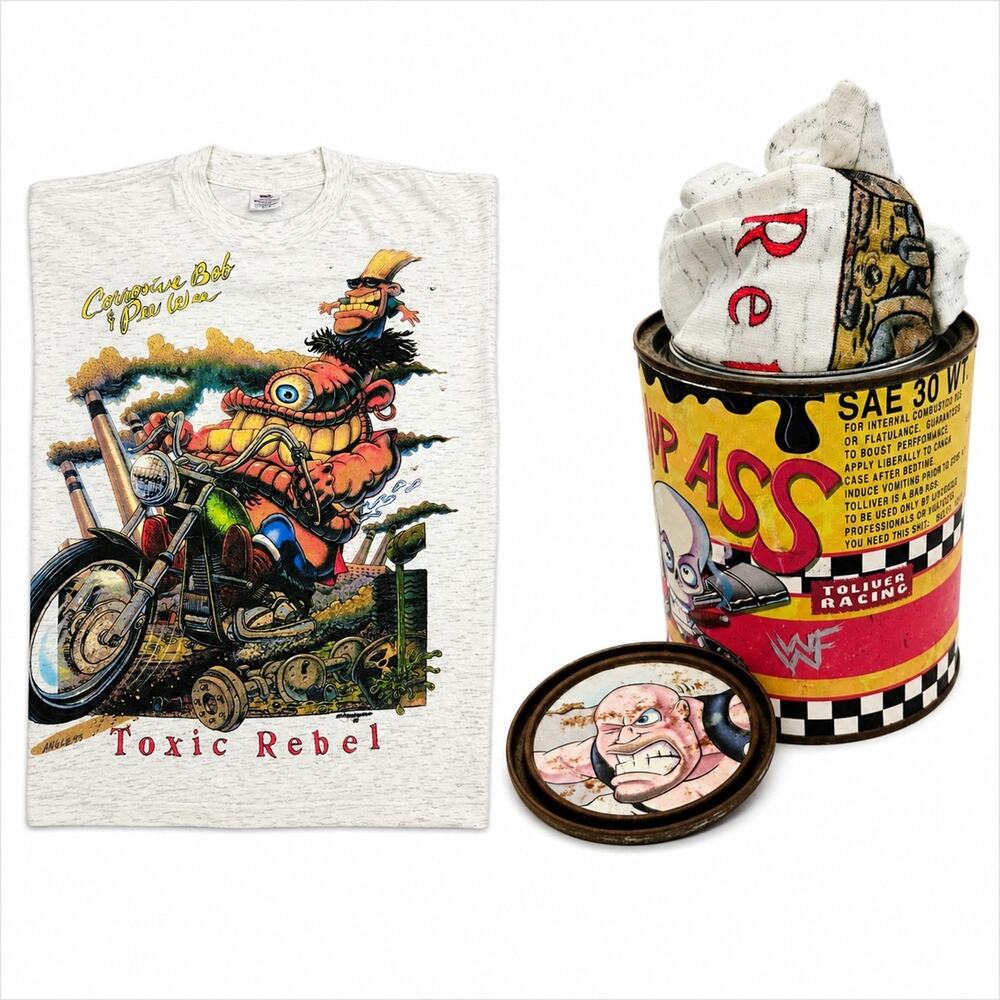 Toxic Waste Zombies Rebel Graphic T Shirt & Vintage Original Promo Oil Can 1991